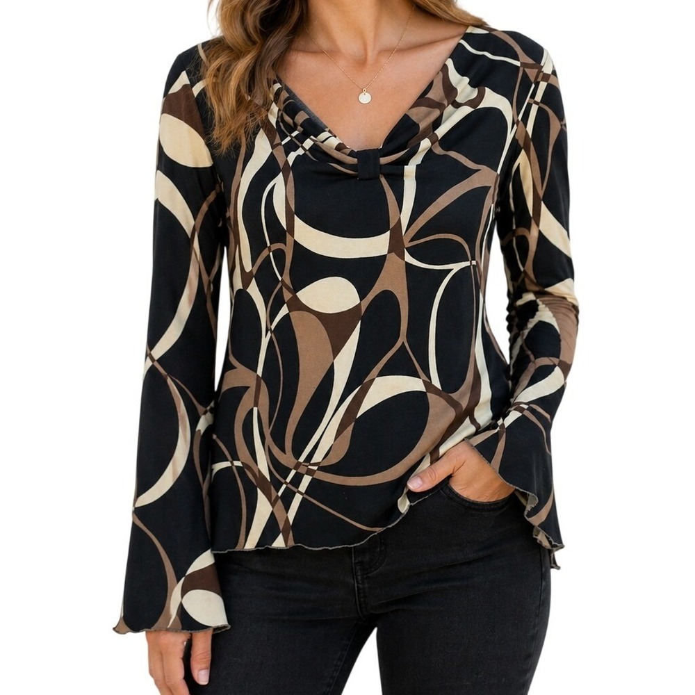 RAG‎ Abstract Swirl Cowl Neck Top Womens Medium Black Tan Flared Sleeve
